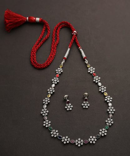 Akarsh_Handcrafted_Oxidised_Pure_Silver_Navratan_Necklace_Set_WeaverStory_02