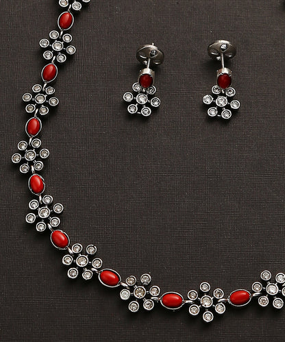Bhamini_Handcrafted_Oxidised_Pure_Silver_Red_Necklace_Set_WeaverStory_03
