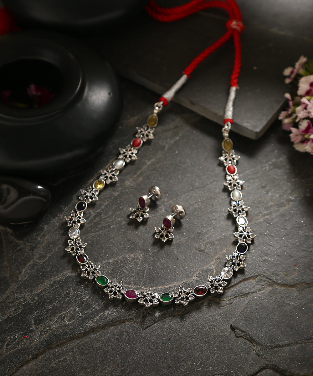 Rudrani_Handcrafted_Oxidised_Pure_Silver_Navratan_Necklace_Set_WeaverStory_01