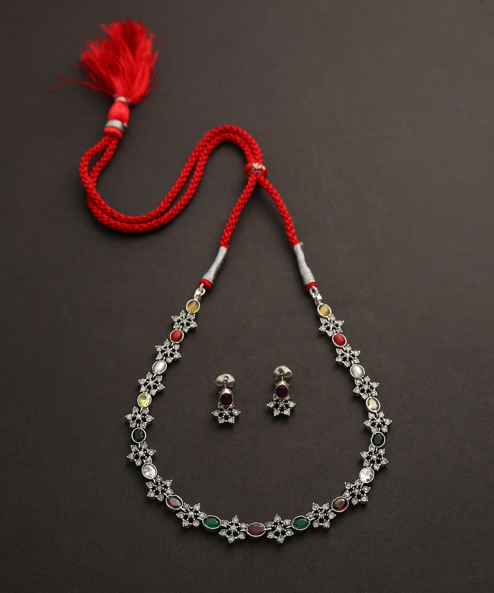 Rudrani_Handcrafted_Oxidised_Pure_Silver_Navratan_Necklace_Set_WeaverStory_02