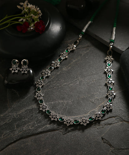Sharanya_Handcrafted_Oxidised_Pure_Silver_Green_Necklace_Set_WeaverStory_01