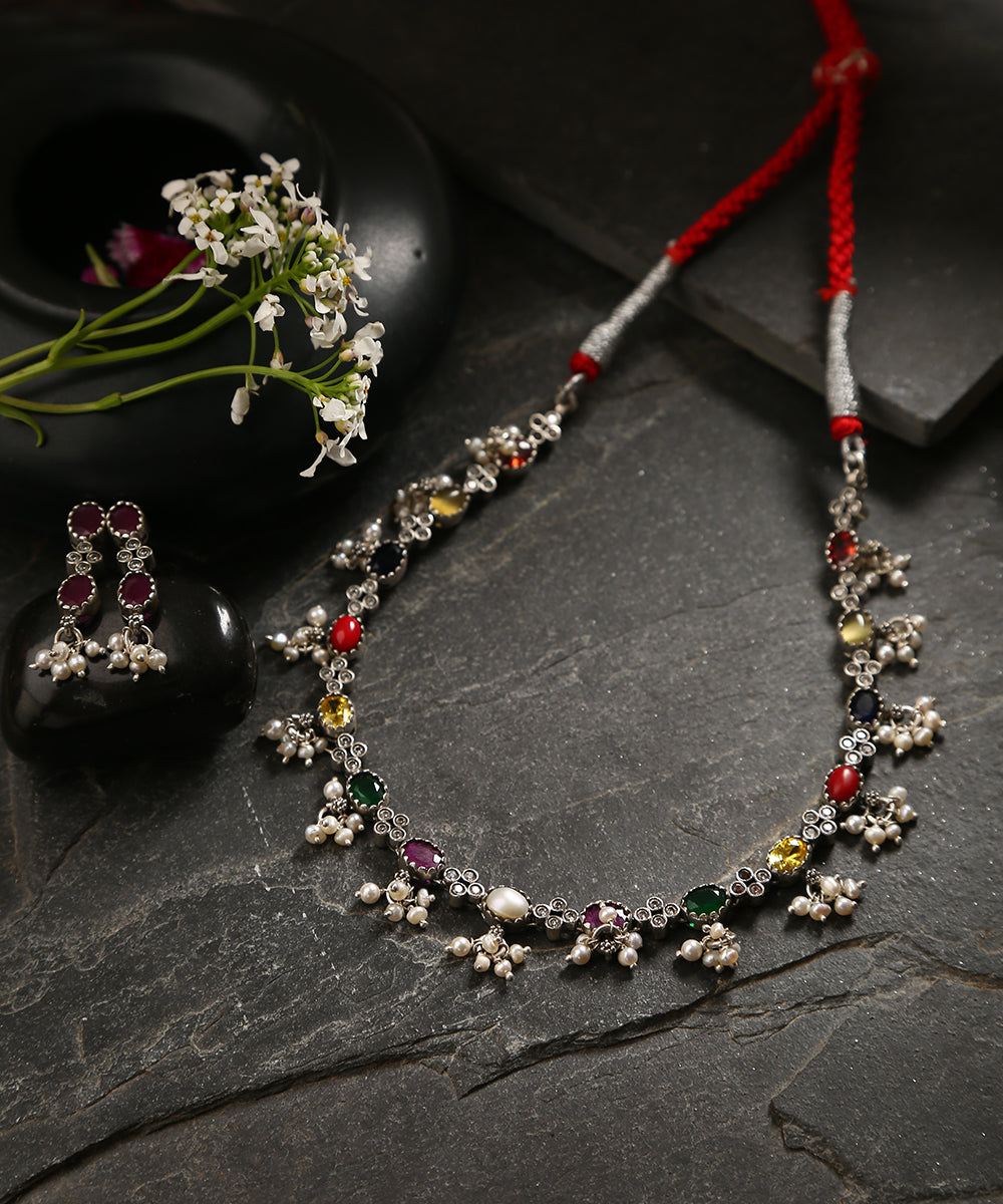 Hamsika_Handcrafted_Oxidised_Pure_Silver_Navratan_Necklace_Set_WeaverStory_01