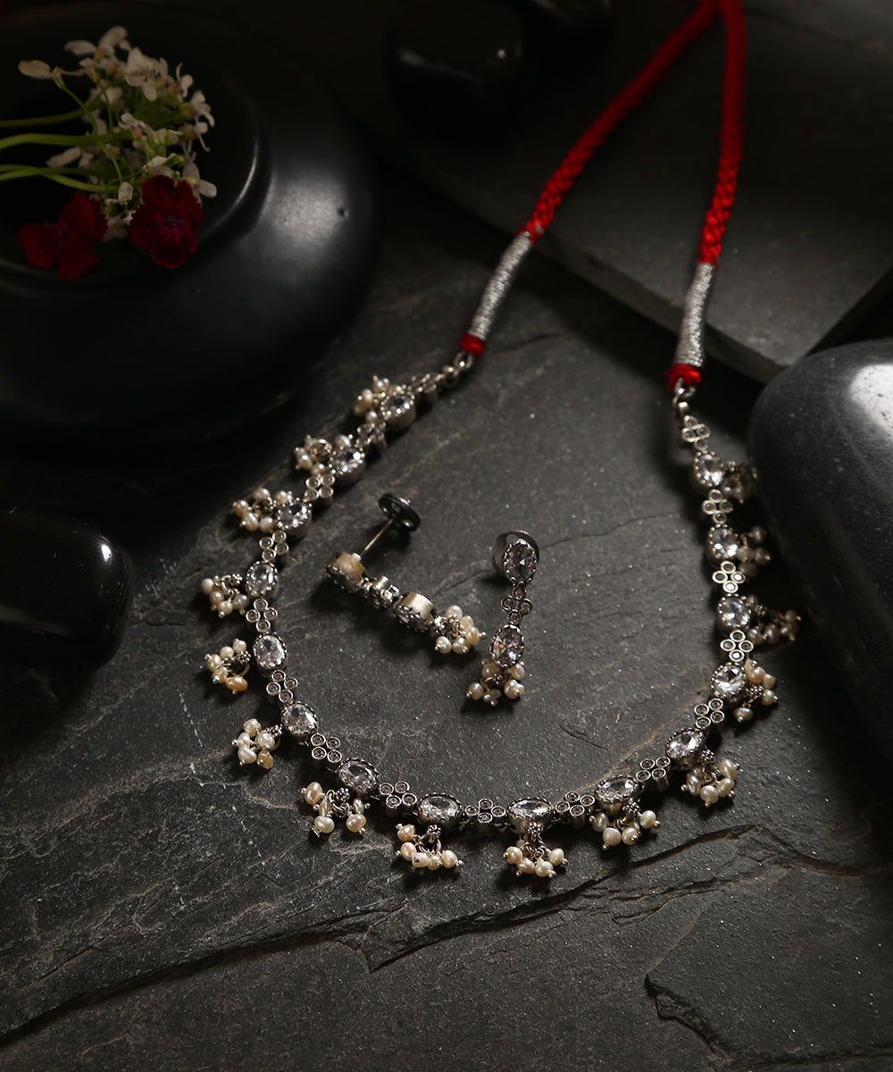 Maitreyi_Handcrafted_Oxidised_Pure_Silver_Necklace_Set_With_Pearl_Hangings_WeaverStory_01