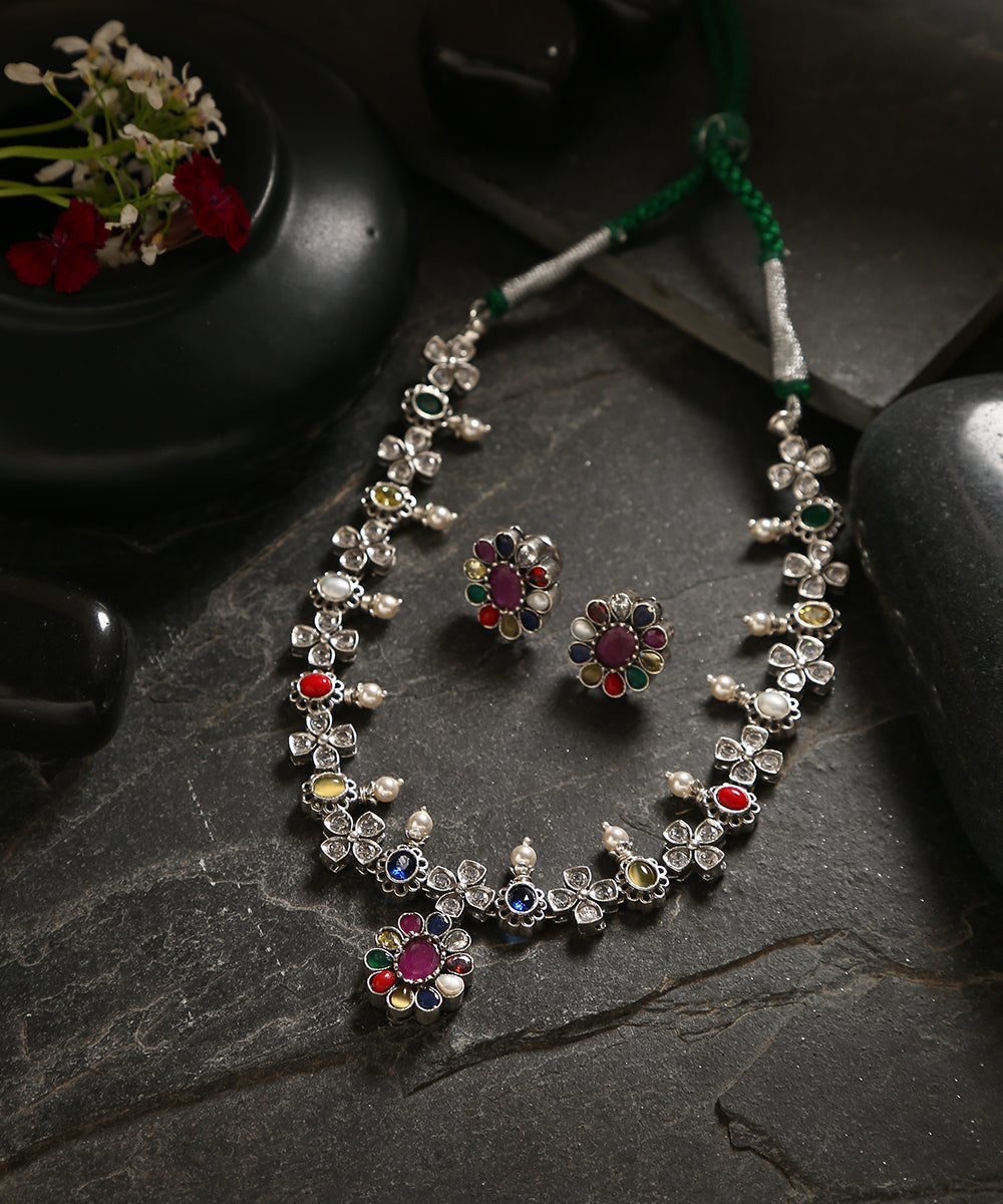 Milana_Handcrafted_Oxidised_Pure_Silver_Navratan_Necklace_Set_WeaverStory_01