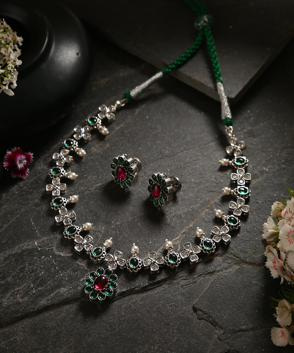 Red_And_Green_Gaushik_Handcrafted_Oxidised_Pure_Silver_Necklace_Set_WeaverStory_01