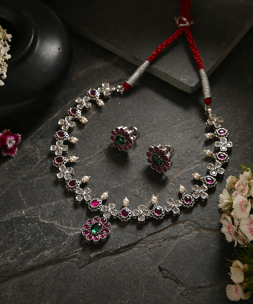 Grahish_Handcrafted_Oxidised_Pure_Silver_Pink_Necklace_Set_WeaverStory_01