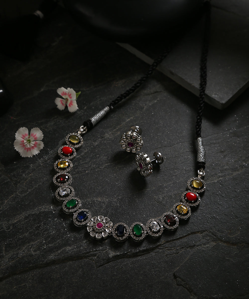 Mahika_Handcrafted_Oxidised_Pure_Silver_Multicolor_Necklace_Set_WeaverStory_01