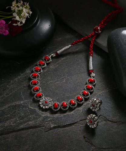 Artha_Red_Handcrafted_Oxidised_Pure_Silver_Necklace_Set_WeaverStory_01