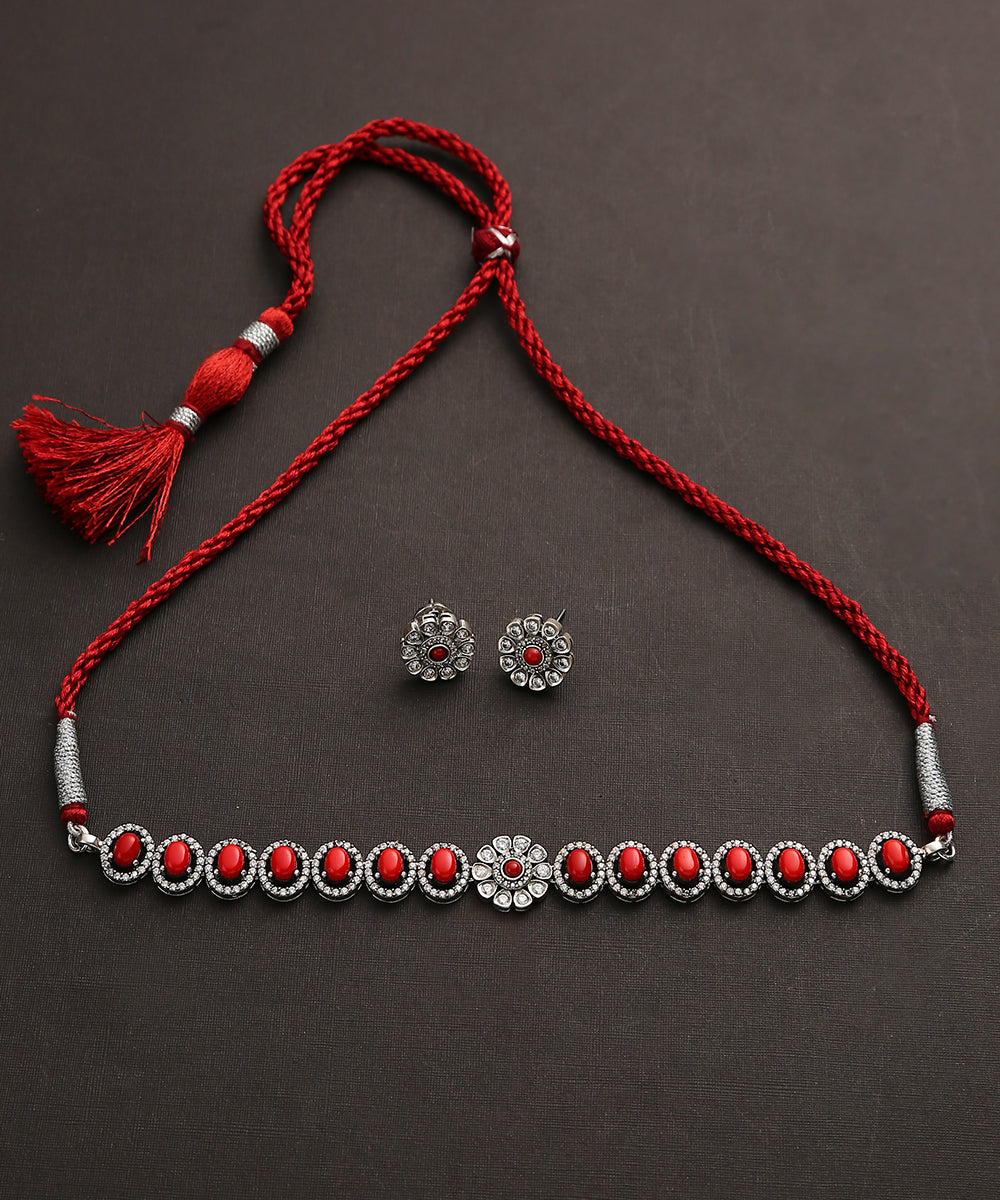 Artha_Red_Handcrafted_Oxidised_Pure_Silver_Necklace_Set_WeaverStory_02