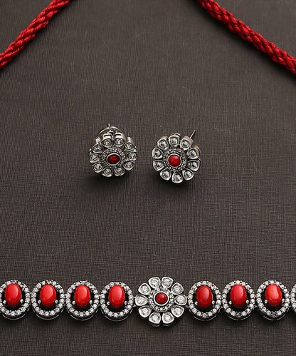 Artha_Red_Handcrafted_Oxidised_Pure_Silver_Necklace_Set_WeaverStory_03