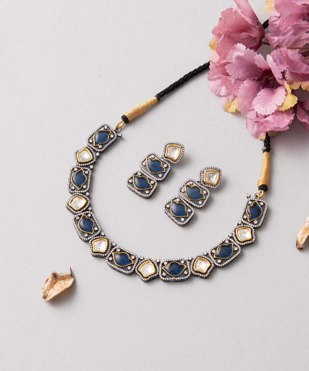 Abeera_Blue_Handcrafted_Pure_Silver_Necklace_Set_With_Polki,_Stones_and_studs_WeaverStory_01