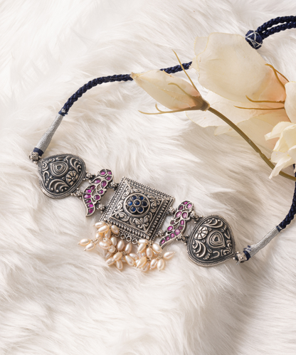 Arisha_Handcrafted_Oxidised_Pure_Silver_Necklace_With_Pink_Stones_And_Pearls_WeaverStory_01