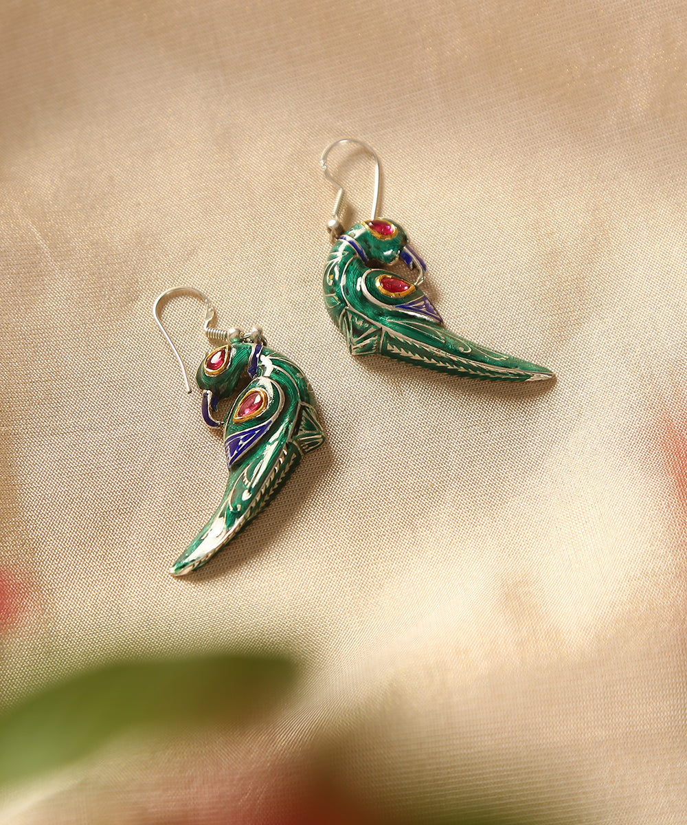 Mrinal_Parrot_Green_Handcrafted_Pure_Silver_Meenakari_Earrings_WeaverStory_01