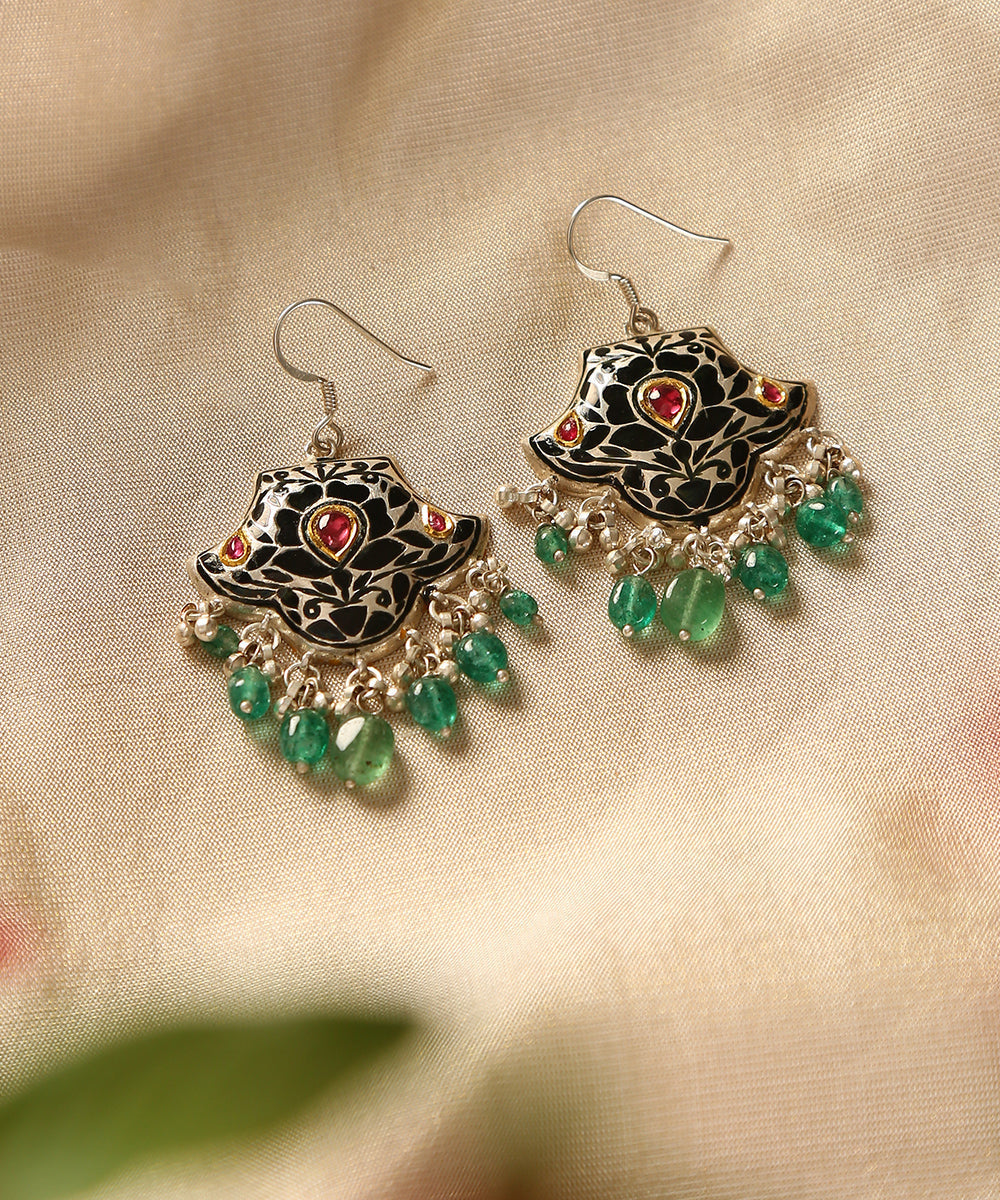 Ela_Handcrafted_Pure_Black_Silver_Earrings_With_Meenakari_WeaverStory_01