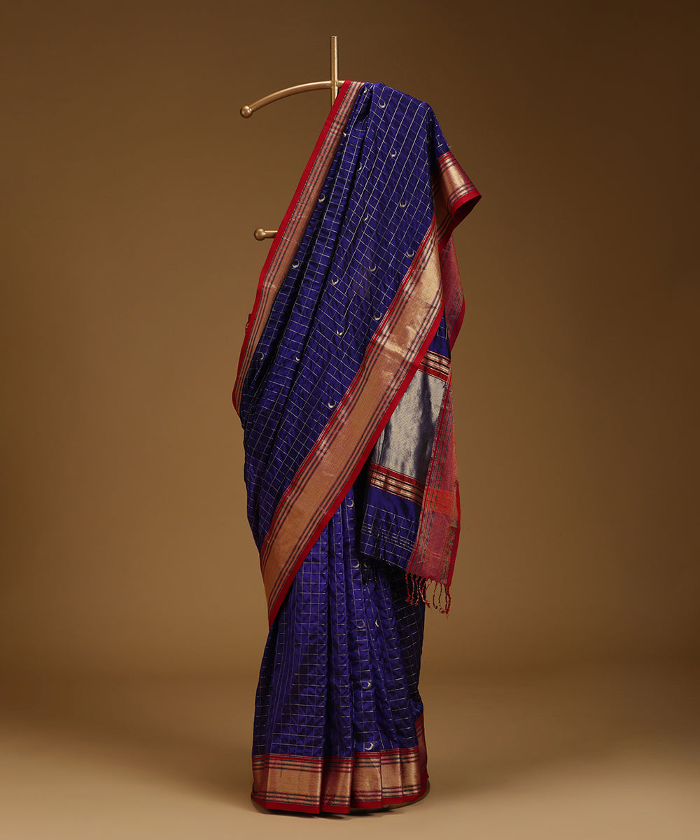 Purple_Pure_Mulberry_Silk_Saree_With_Zari_Checks_And_Chandrakala_Booti_And_Pink_Border_WeaverStory_01