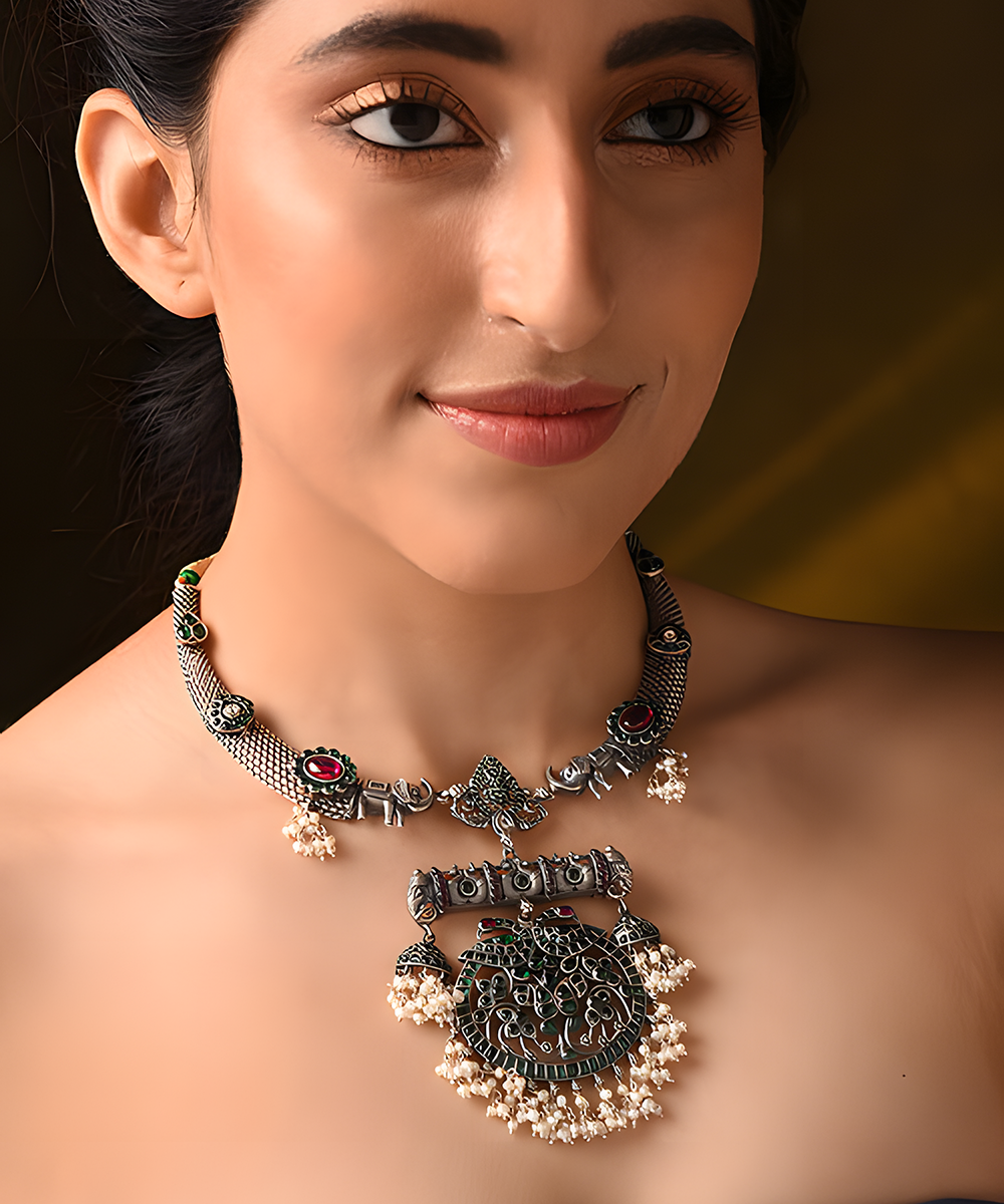 Aditi_Handcrafted_Red_And_Green_Tribal_Pure_Silver_Necklace_With_Pearls_WeaverStory_01