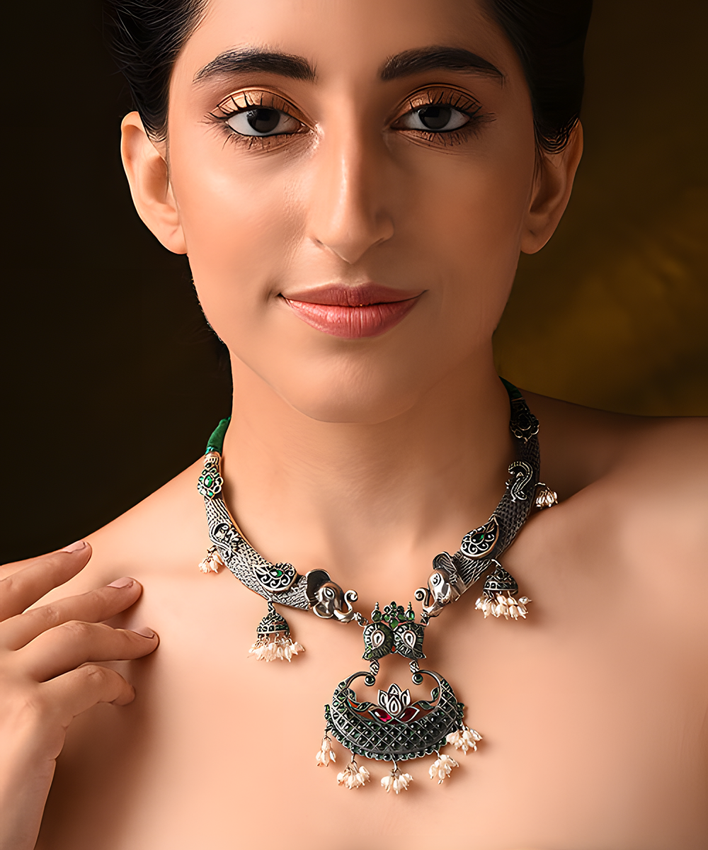 Barkha_Handcrafted_Red_And_Green_Pure_Silver_Tribal_Necklace_With_Pearls_WeaverStory_01