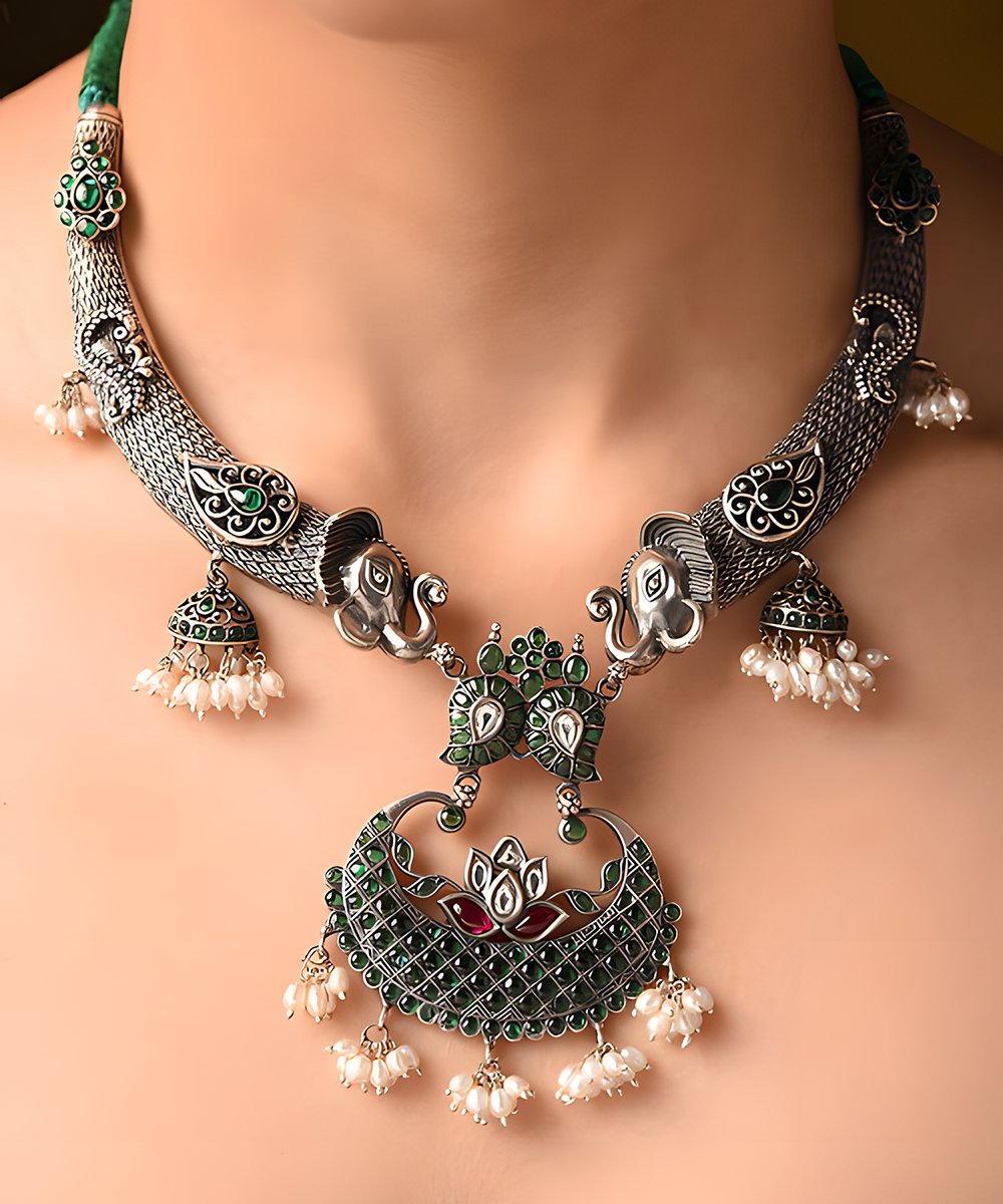 Barkha_Handcrafted_Red_And_Green_Pure_Silver_Tribal_Necklace_With_Pearls_WeaverStory_02