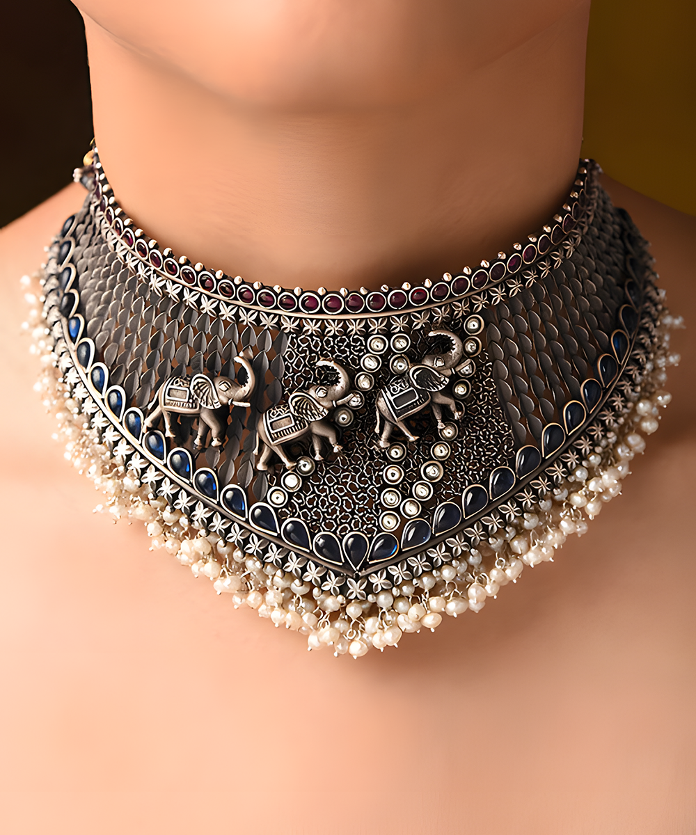 Diti_Handcrafted_Pink_And_Blue_Pure_Silver_Tribal_Choker_Necklace_Set_With_Pearls_WeaverStory_02