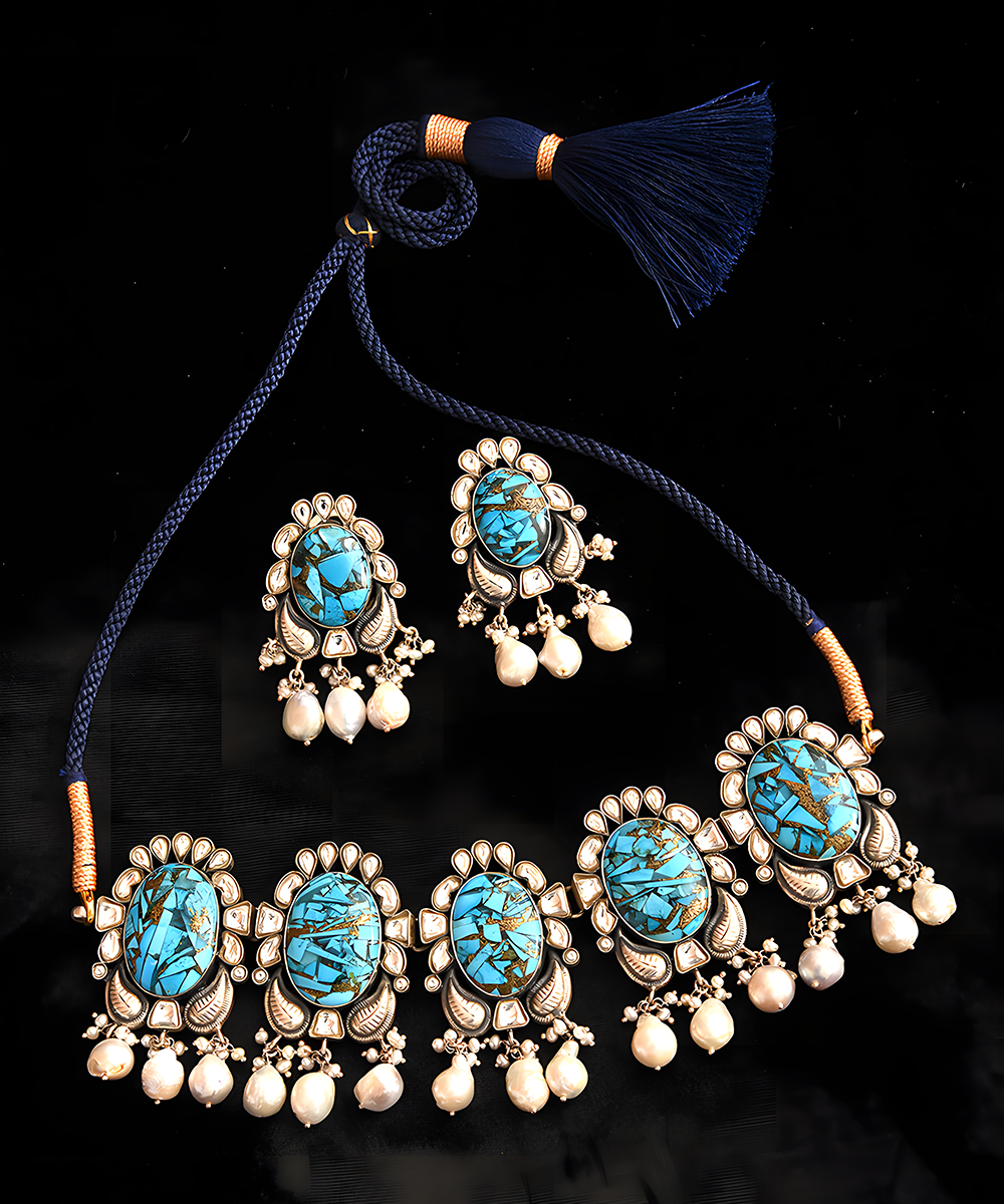 Ritika_Handcrafted_Turquoise_Pure_Silver_Pearl_Set_WeaverStory_02