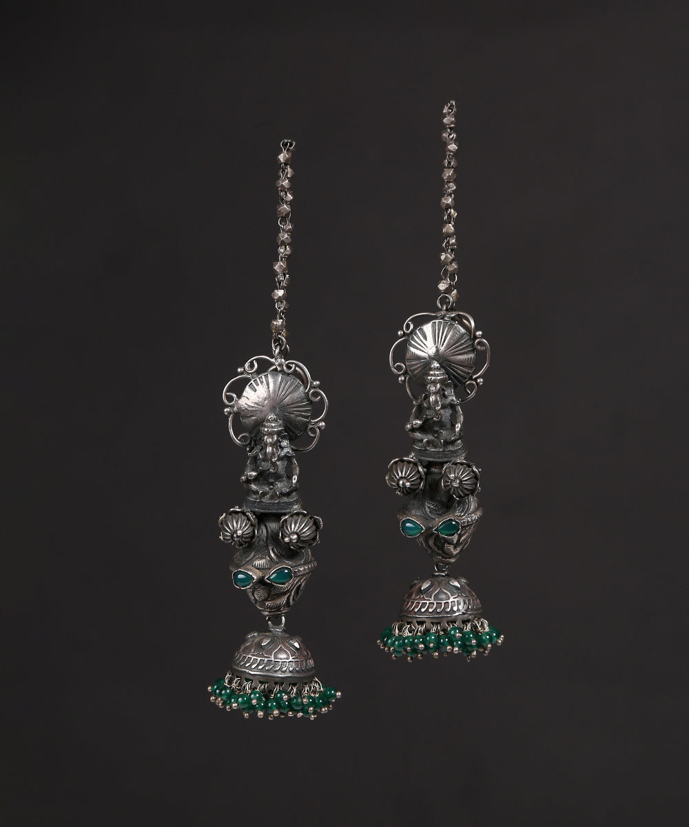 Brass Silver Oxidized Jhumka with Hair Chain Kanauti at Rs 150/pair in  Jaipur