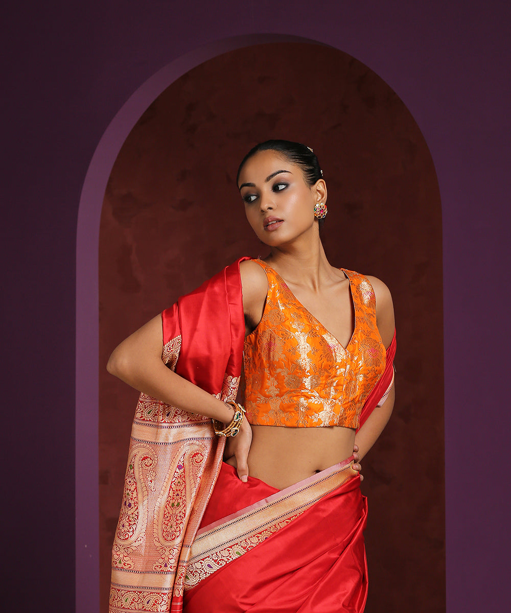 Orange_Handcrafted_V-_Neck_Pure_Katan_Silk_Brocade_Blouse_WeaverStory_02