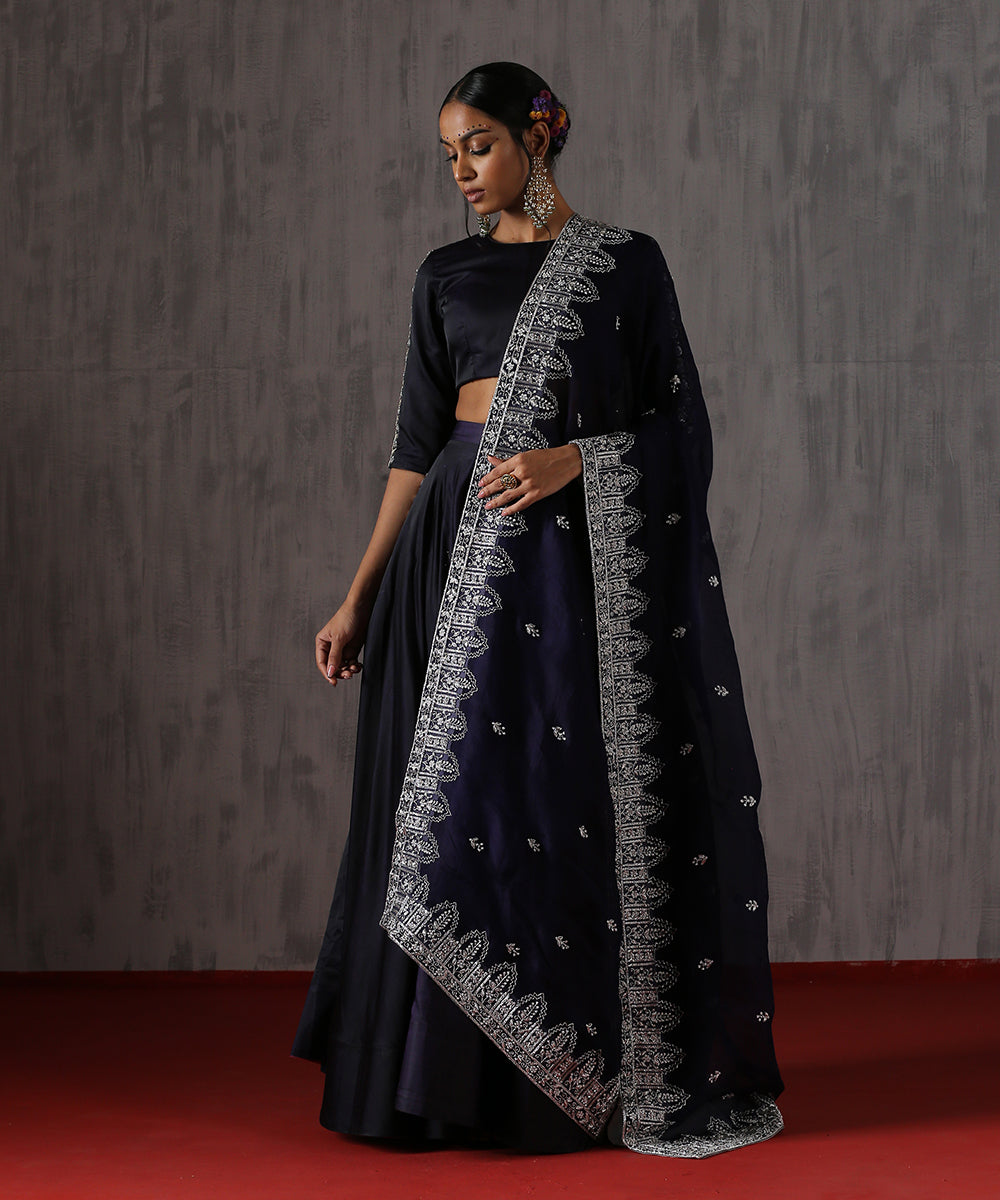 Blue_Zardozi_Work_Organza_Dupatta_with_Silver_Embroidery_Temple_Border_WeaverStory_01