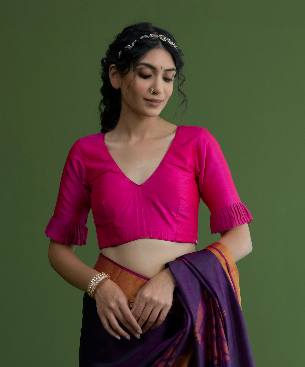 Handloom_Pink_Pure_Silk_Blouse_with_V-Neckline_and_Frill_on_Sleeves_WeaverStory_01