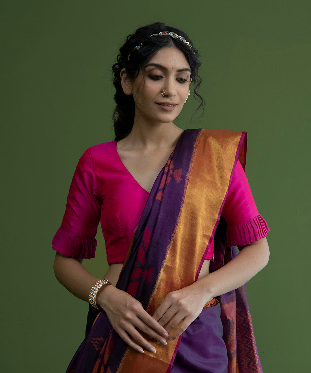 Handloom_Pink_Pure_Silk_Blouse_with_V-Neckline_and_Frill_on_Sleeves_WeaverStory_02