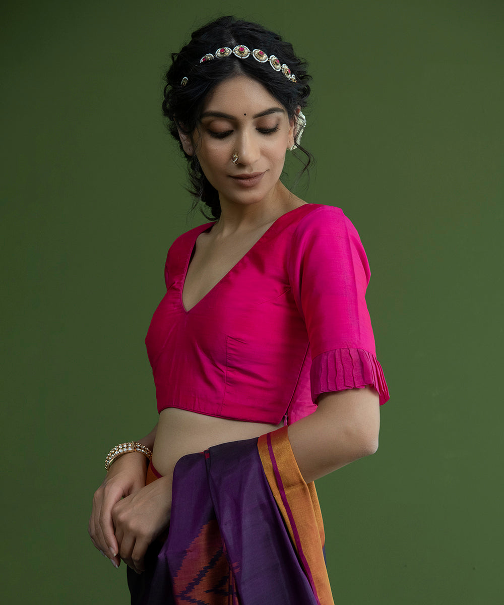 Handloom_Pink_Pure_Silk_Blouse_with_V-Neckline_and_Frill_on_Sleeves_WeaverStory_03