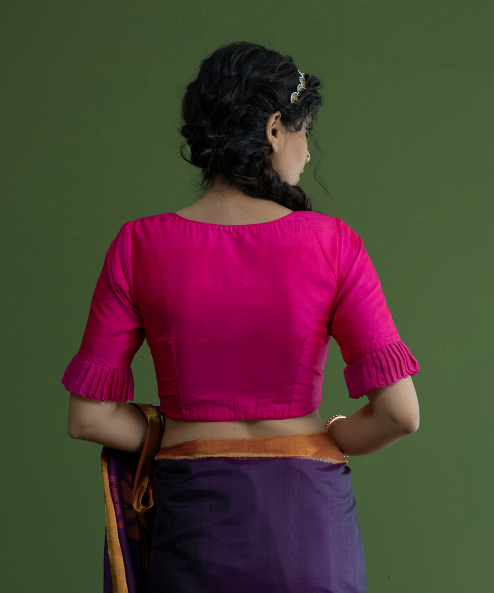 Handloom_Pink_Pure_Silk_Blouse_with_V-Neckline_and_Frill_on_Sleeves_WeaverStory_04