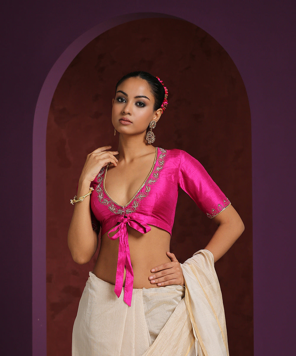 Hot_Pink_Raw_Silk_Blouse_With_Hand_Embroidered_Zardozi_Work_WeaverStory_01
