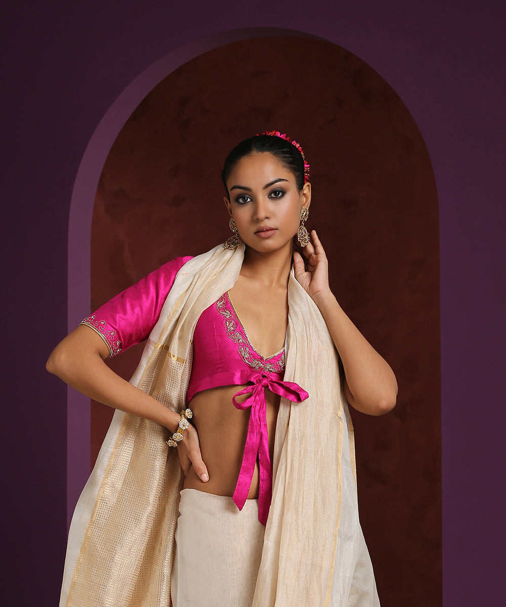 Hot_Pink_Raw_Silk_Blouse_With_Hand_Embroidered_Zardozi_Work_WeaverStory_02