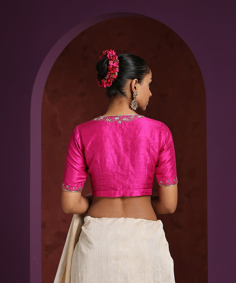 Hot_Pink_Raw_Silk_Blouse_With_Hand_Embroidered_Zardozi_Work_WeaverStory_03
