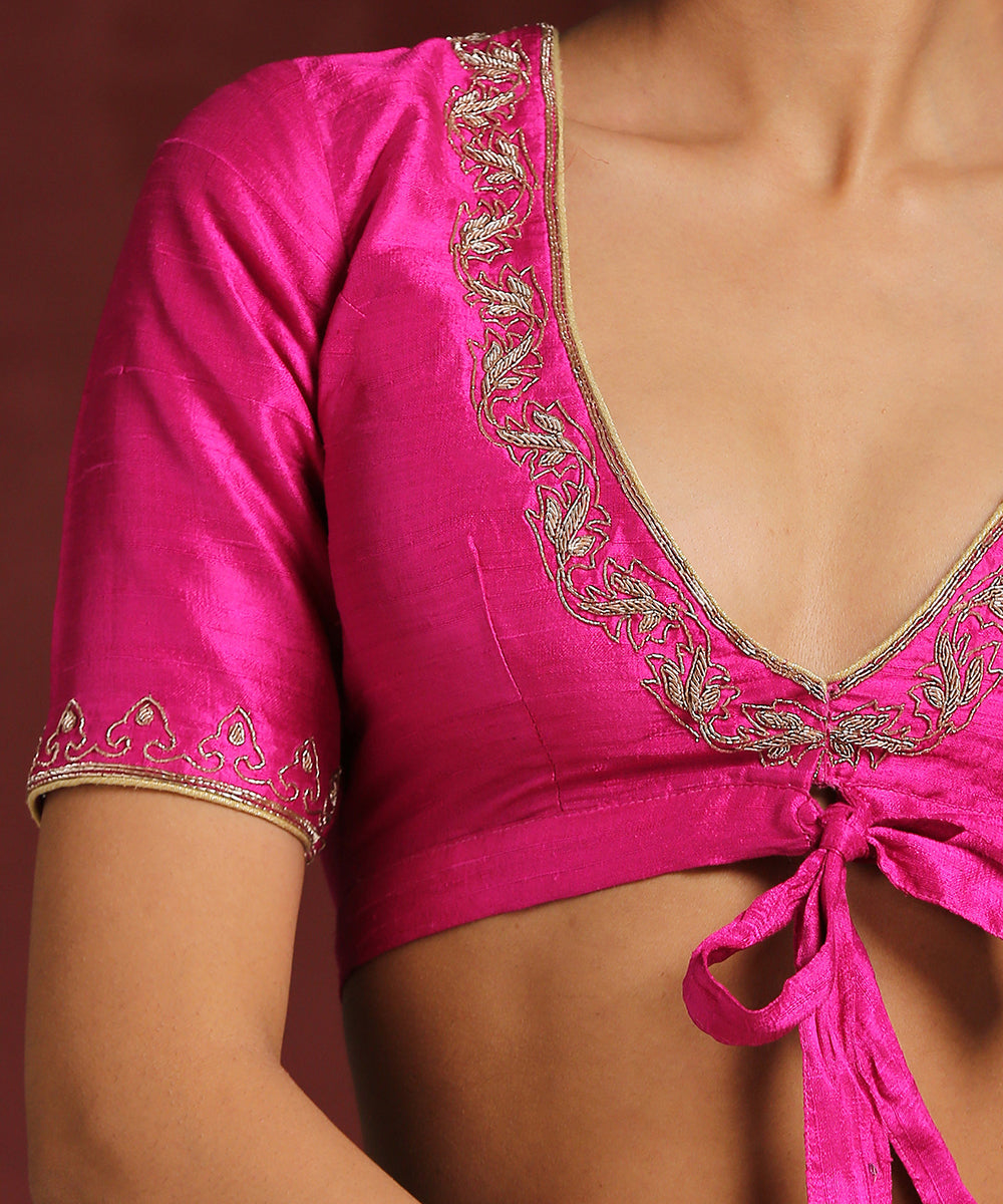 Hot_Pink_Raw_Silk_Blouse_With_Hand_Embroidered_Zardozi_Work_WeaverStory_04