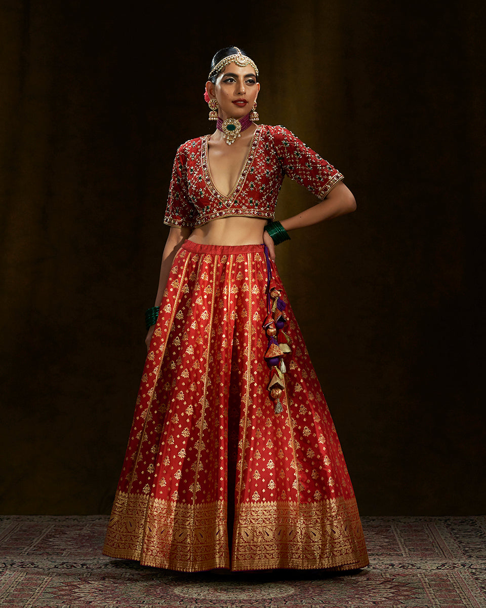 Buy Red Summer Silk Embroidered Sequin Sweetheart Dori Blouse Lehenga Set  For Women by Priyaa Online at Aza Fashions.