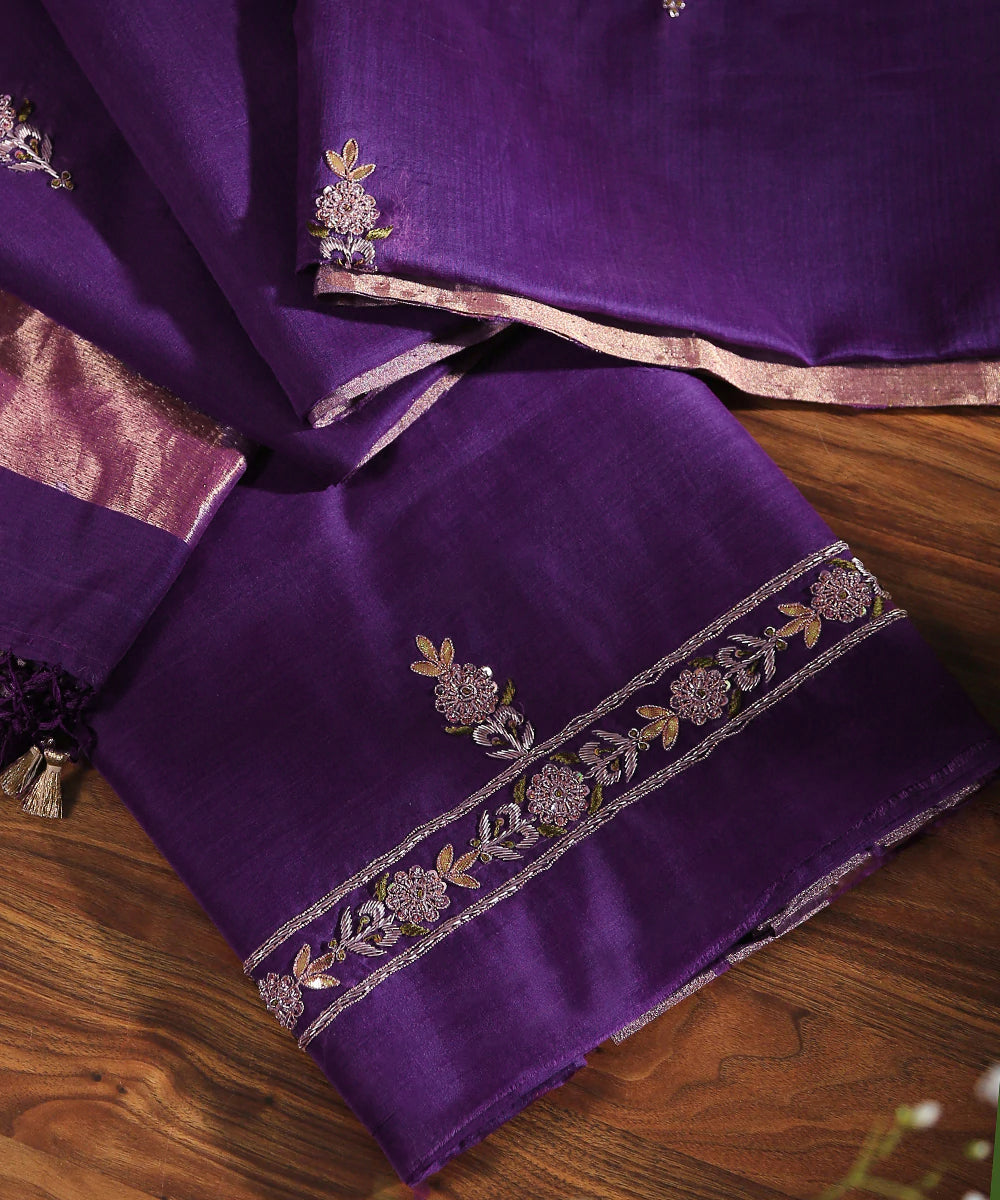 Purple_Handloom_Unstitched_Kurta_Fabric_Along_With_Dupatta_Gota_Patti_And_Zardozi_Work_Boota_WeaverStory_01