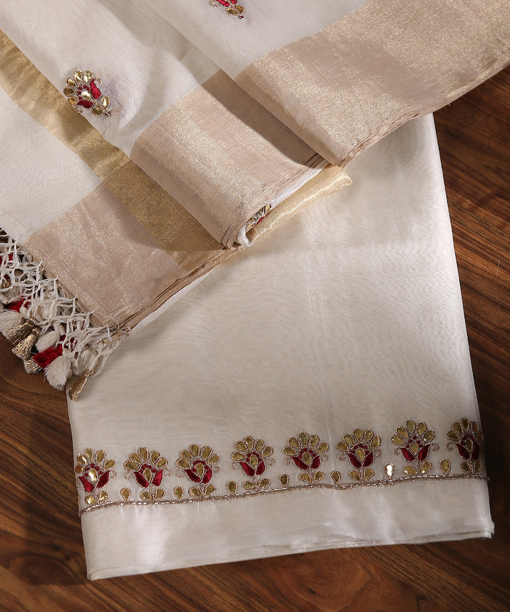 White_Handloom_Unstitched_Chanderi_Silk_Kurta_Fabric_With_Kundan_Work_And_Boota_Dupatta_WeaverStory_01