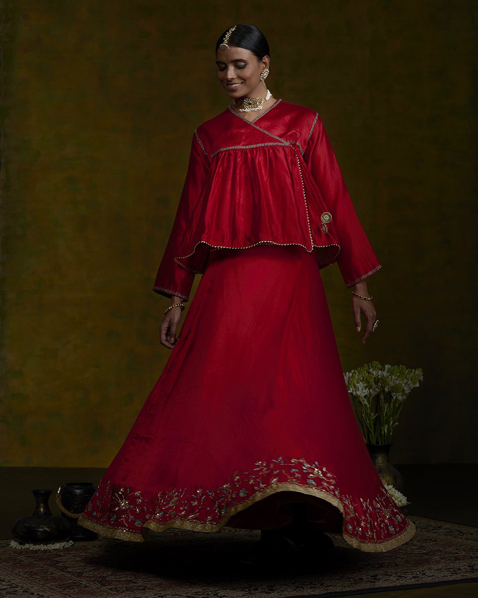Red_Handwoven_Pure_Silk_Lehenga_with_Zardozi_Embroidery_and_Gathered_Angrakha_Top_with_Organza_Dupatta_WeaverStory_03