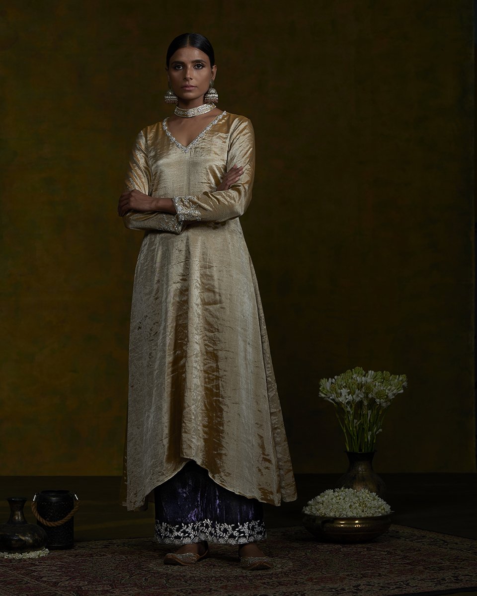 Gold_Chanderi_Silk_Tissue_Suit_with_Zardozi_Embroidery_and_Velvet_Farshi_WeaverStory_02