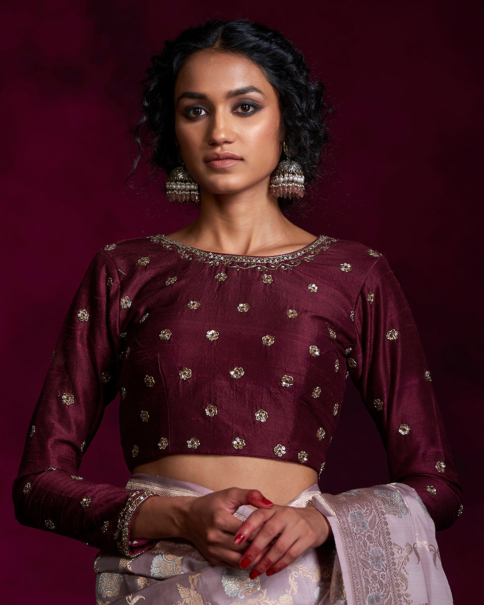 Wine_Embroidered_Full_sleeves_blouse_with_Zardozi_bootas_all_over_WeaverStory_02