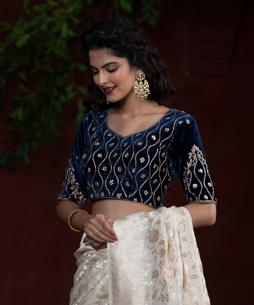 Blue_Velvet_Zardozi_Blouse_with_Leher_Design_with_half_Sleeves_WeaverStory_01