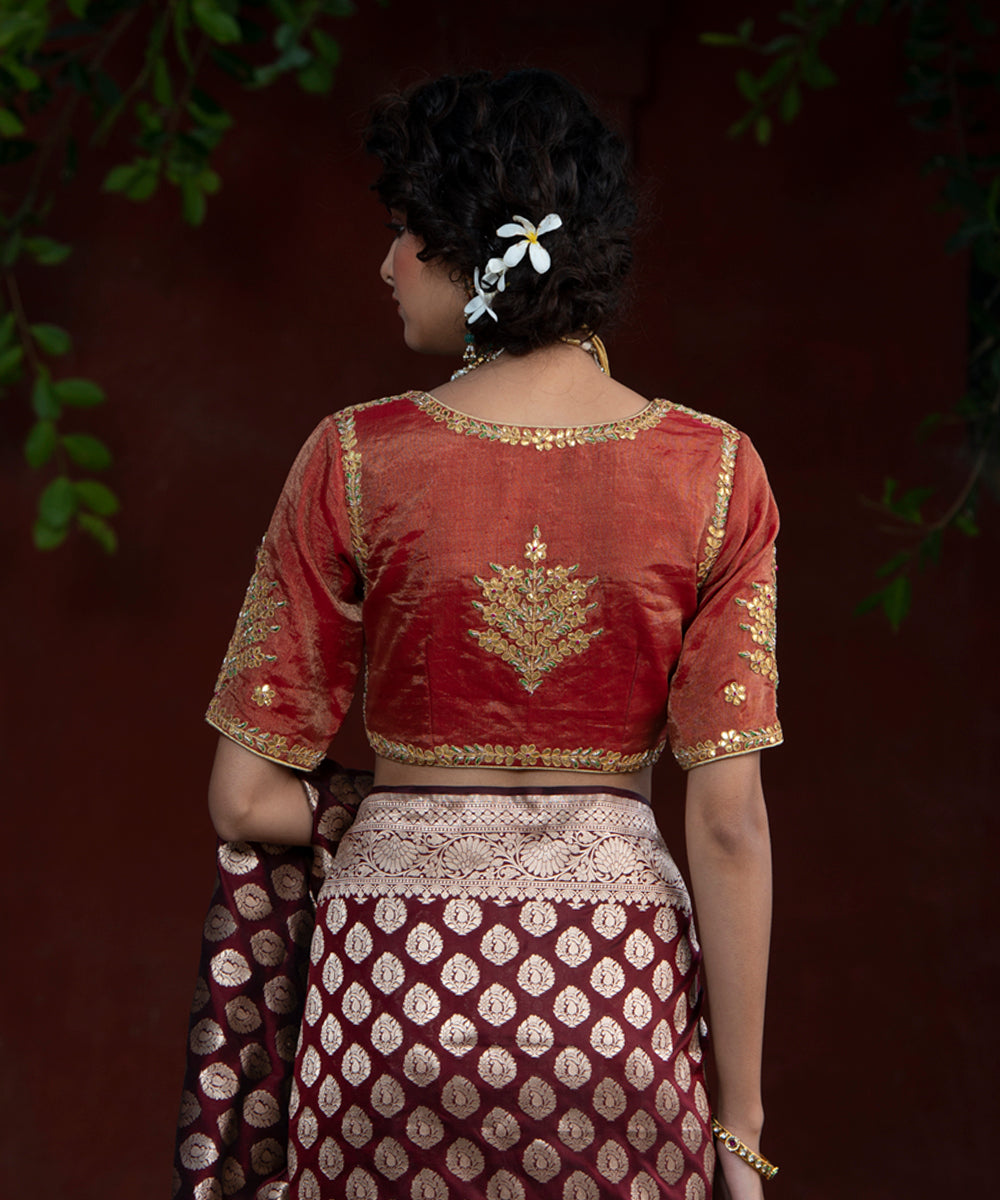 Red And Gold Zardozi Tissue Blouse with Gotta Patti Embroidery ...