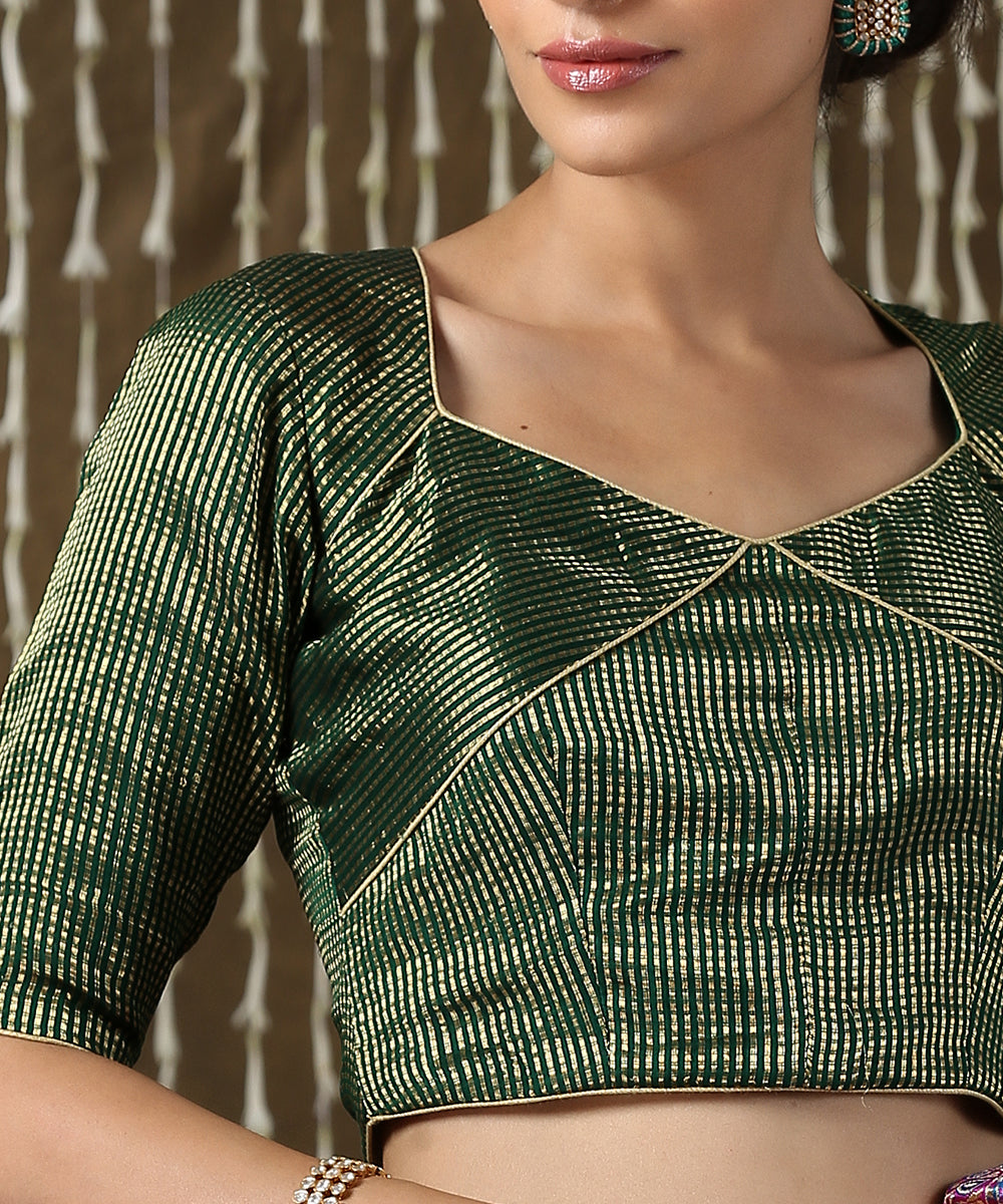 Green_Striped_Panelled_Blouse_with_half_sleeves_WeaverStory_02