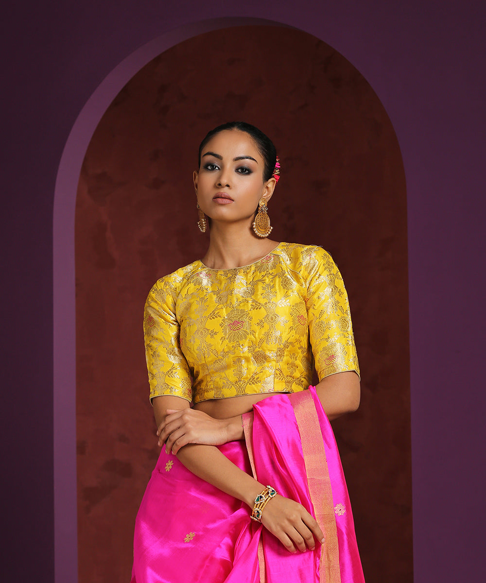 Handcrafted_Yellow_Pure_Katan_Silk_Brocade_Blouse_With_Closed_Neck_WeaverStory_01