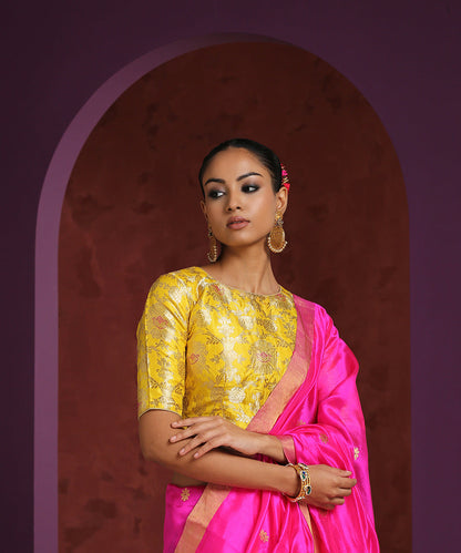 Handcrafted_Yellow_Pure_Katan_Silk_Brocade_Blouse_With_Closed_Neck_WeaverStory_02