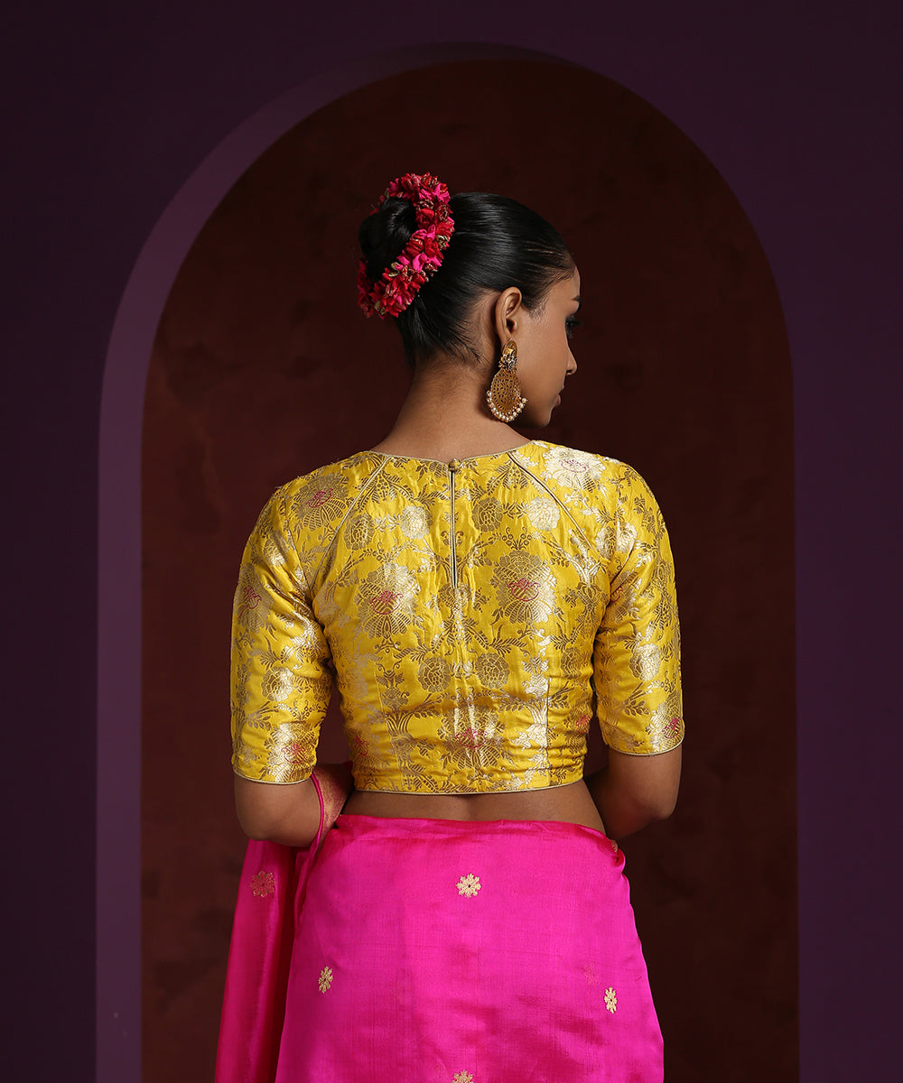 Handcrafted_Yellow_Pure_Katan_Silk_Brocade_Blouse_With_Closed_Neck_WeaverStory_03