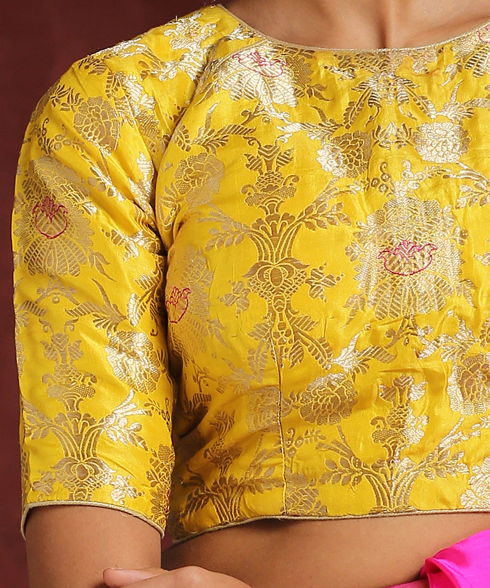Handcrafted_Yellow_Pure_Katan_Silk_Brocade_Blouse_With_Closed_Neck_WeaverStory_04