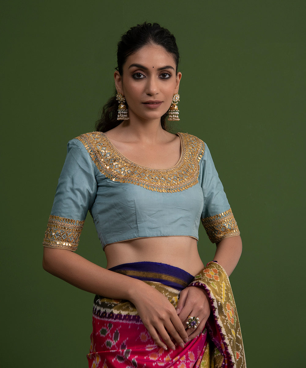 Handloom_Sea_Pure_Silk_Blue_Gota_Patti_Blouse_WeaverStory_01