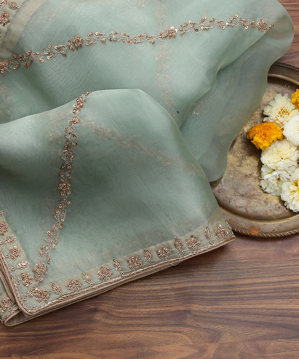 Pista_Green_Handloom_Organza_Dupatta_with_Hand_embroidery_Zardozi_Aadi_Line_WeaverStory_01